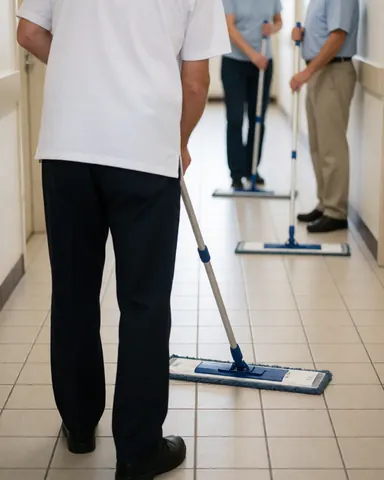 Three professional cleaners with blue mops cleaning a white tiled hallway, one facing forward and two blurred in the background.
