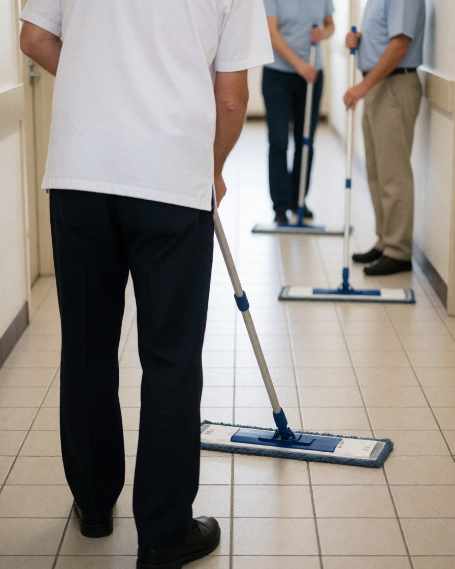 Three professional cleaners with blue mops cleaning a white tiled hallway, one facing forward and two blurred in the background.