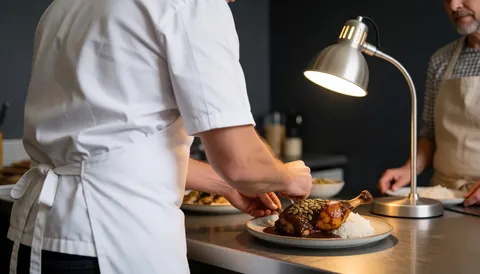 Chef plating roasted chicken leg with dark mole sauce, sesame seeds, and white rice on a ceramic plate under warm lighting in a dark kitchen