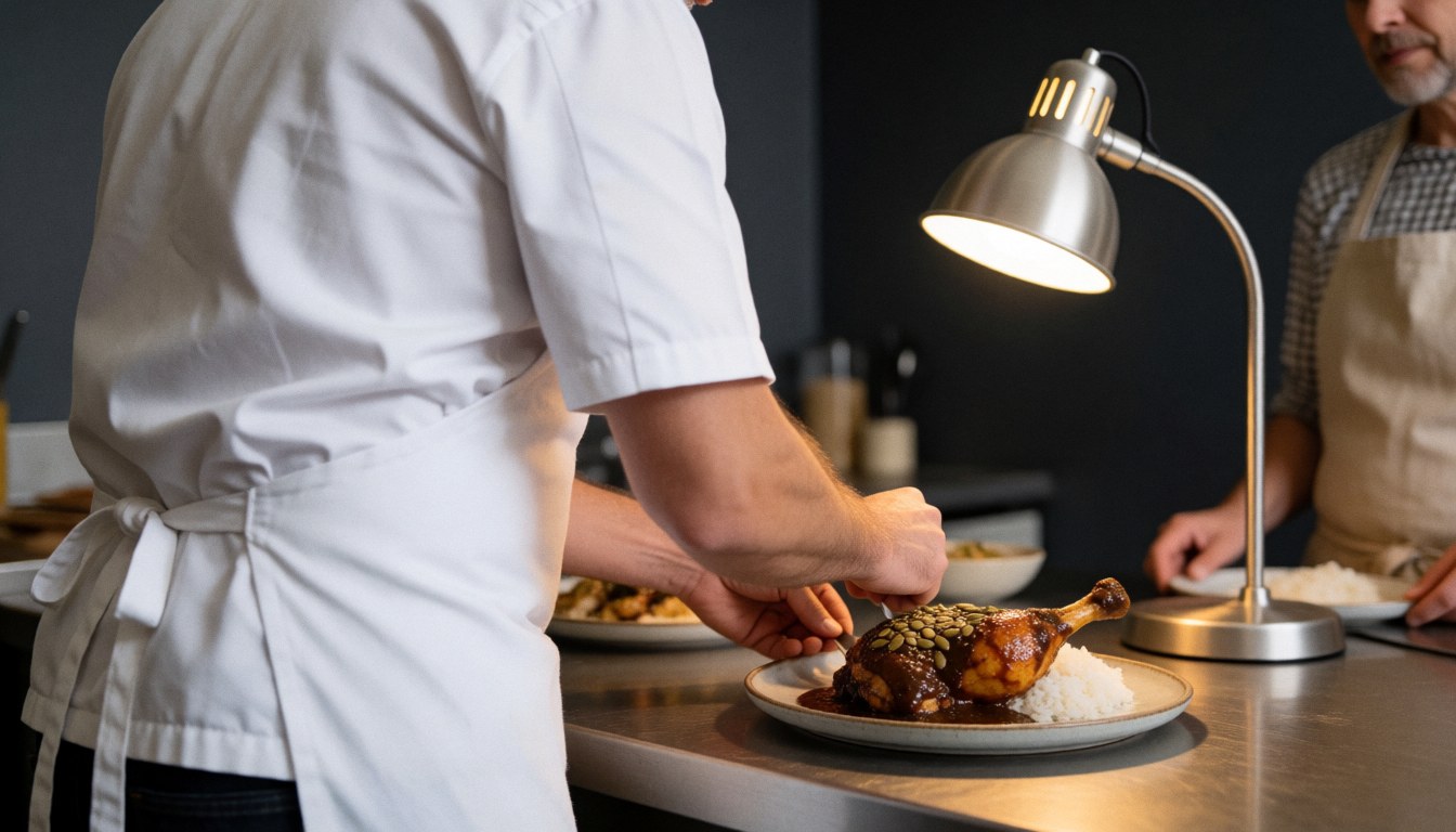 Chef plating roasted chicken leg with dark mole sauce, sesame seeds, and white rice on a ceramic plate under warm lighting in a dark kitchen