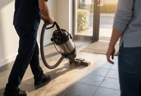 A professional cleaner uses an industrial vacuum on a tiled floor in a sunlit entryway with another person standing nearby.