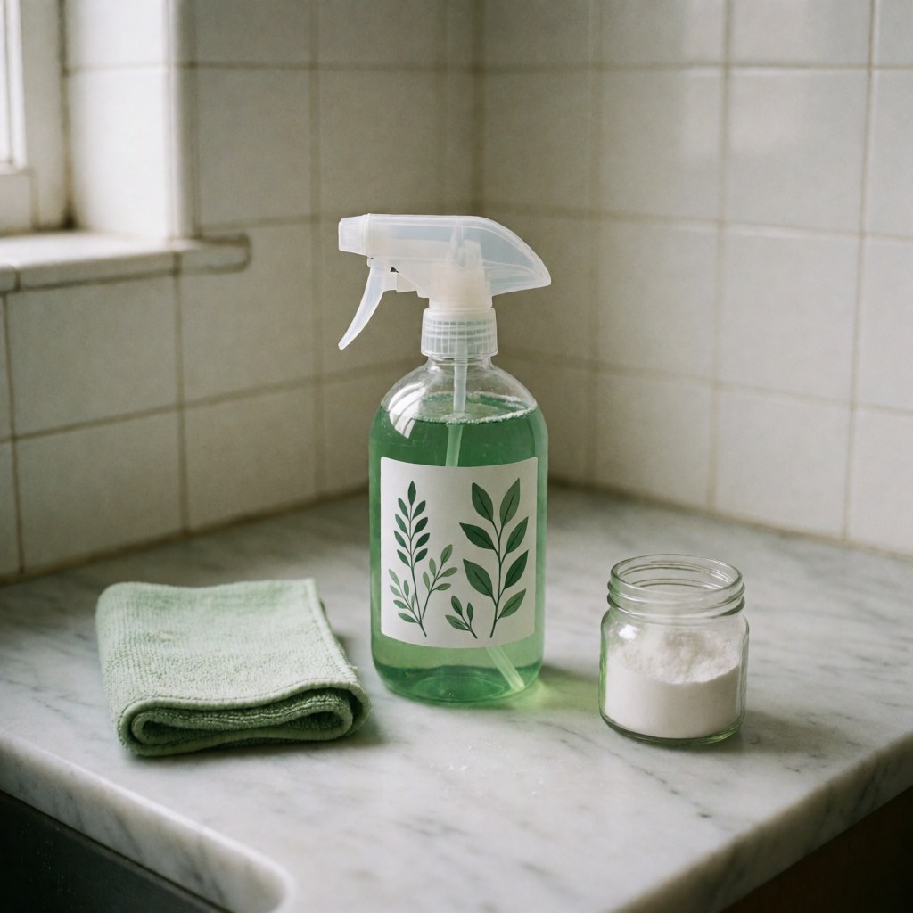 Green eco-friendly cleaning spray bottle with leaf label, green towel, and glass pitcher of baking soda on white marble countertop