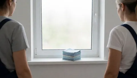 Two window cleaning workers standing with their backs to the camera, looking at a clean window with stacked microfiber towels on the sill and natural light.