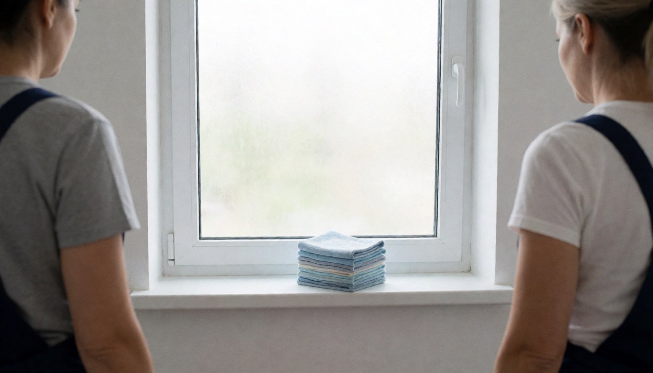 Two window cleaning workers standing with their backs to the camera, looking at a clean window with stacked microfiber towels on the sill and natural light.