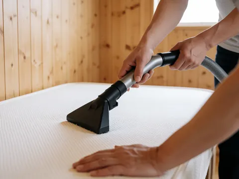 Close-up of a vacuum attachment cleaning a white mattress with visible texture against a light wood wall background.