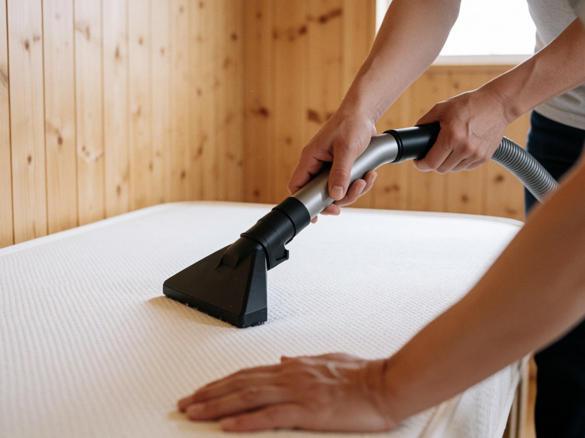 Close-up of a vacuum attachment cleaning a white mattress with visible texture against a light wood wall background.