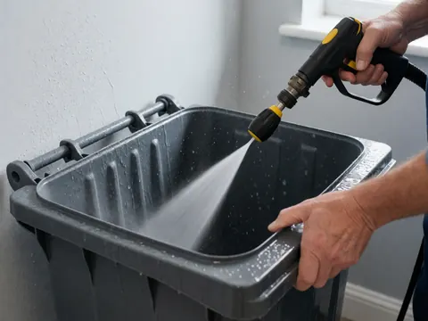 A stream of water cleaning the interior of a gray plastic container with suspended droplets and hands holding the vessel and cleaning gun