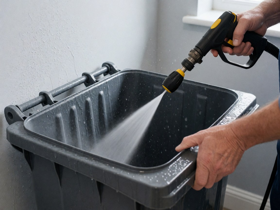 A stream of water cleaning the interior of a gray plastic container with suspended droplets and hands holding the vessel and cleaning gun