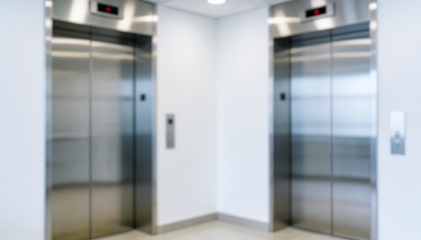 Professional office hallway background featuring two stainless steel elevator doors, white walls, and even lighting, ideal for commercial text overlays.