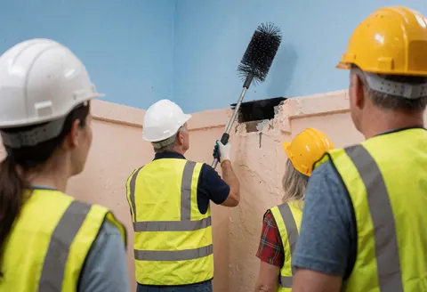 Professional cleaner wearing helmet and vest cleaning a chimney with a long brush while other workers observe nearby against beige walls and clear blue sky.