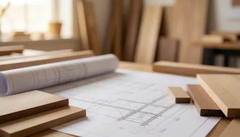 Woodworking plans and various wood tone samples on a warm, professional background suitable for text overlay.