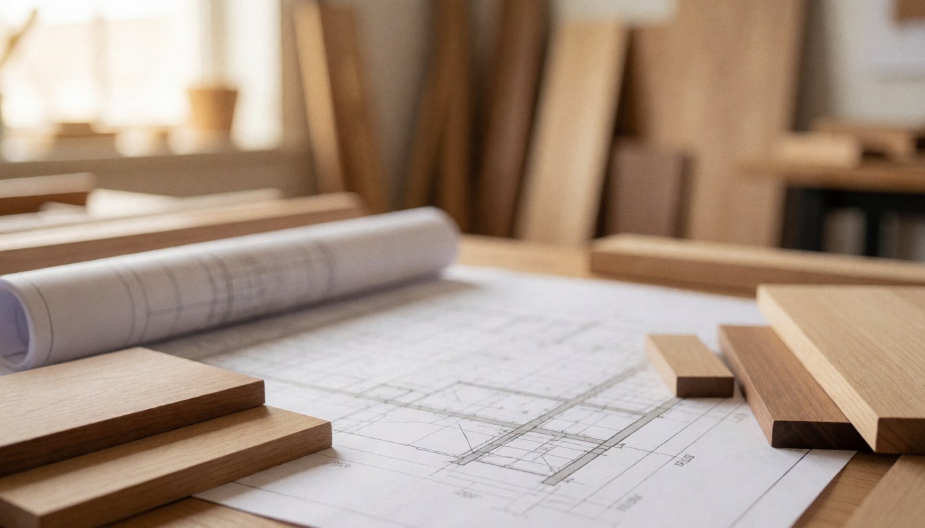 Woodworking plans and various wood tone samples on a warm, professional background suitable for text overlay.