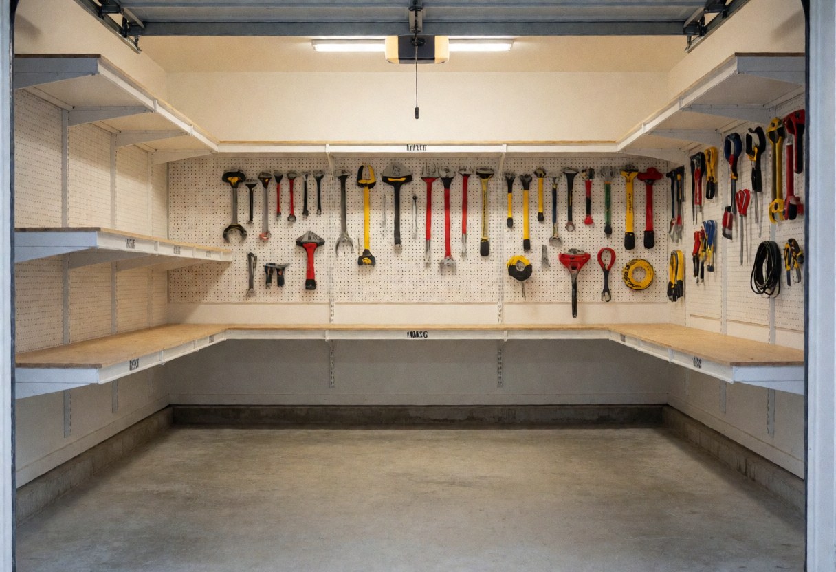 Professional garage with organized tools on pegboard, empty shelves, polished concrete floor, and fluorescent lighting