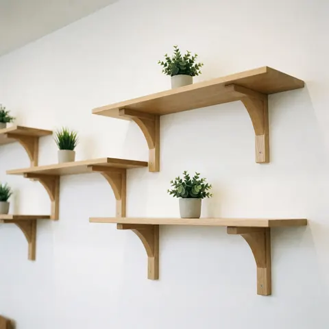 Light wood shelves mounted on a white wall with small potted plants adding a natural and modern touch to the space.