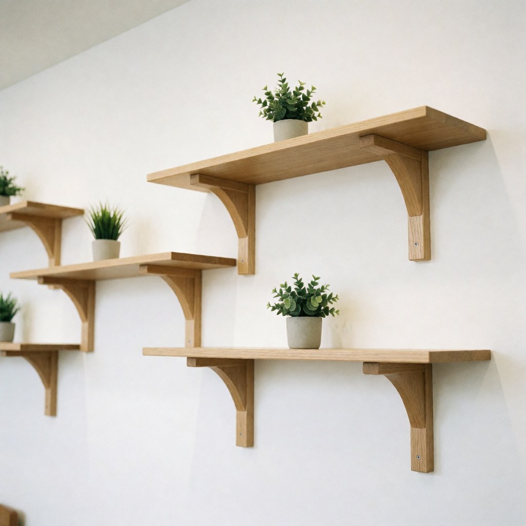 Light wood shelves mounted on a white wall with small potted plants adding a natural and modern touch to the space.