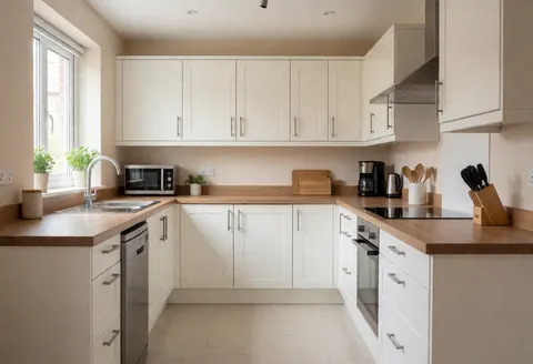Clean modern kitchen with white cabinets, light wood countertop, appliances, and natural light from the window.