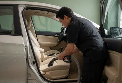 A professional cleaner uses a vacuum on a beige car seat, illuminated by natural light against a pale green wall.
