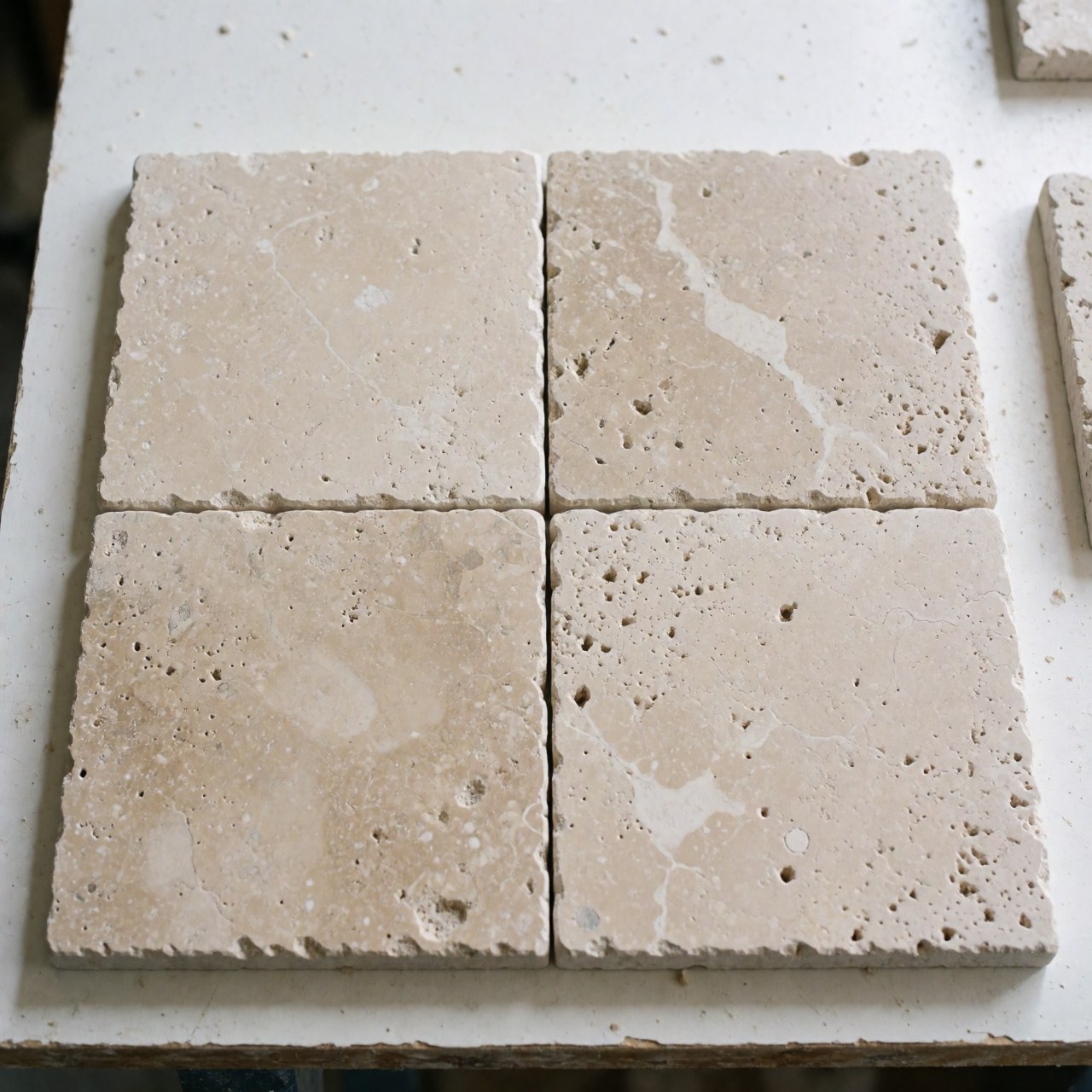 Four natural travertine tiles with porous texture and veins arranged on a white work table for construction or interior design projects