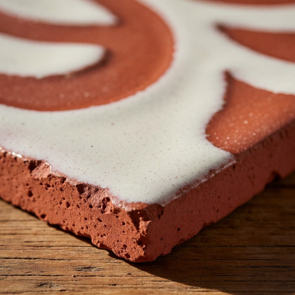 Close-up of a white glazed red clay ceramic tile resting on a rustic wooden table with natural lighting highlighting the texture and design.
