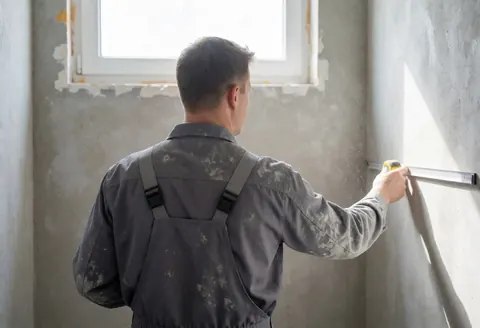 Worker in stained gray uniform measures cement wall with yellow tape measure in bathroom renovation scene with natural light and dust