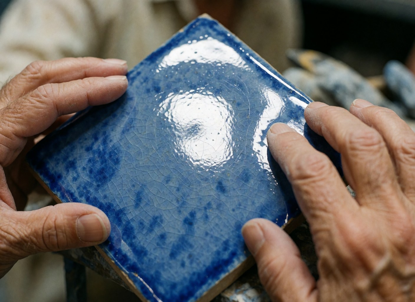 Close-up of hands polishing a blue ceramic tile with visible cracks, highlighting the glossy finish and textured surface under bright light