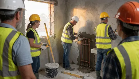 Workers wearing helmets and vests working in a room with exposed copper pipes and cement walls. Sunlight enters through a window. Tools and a grout bucket are on the floor.