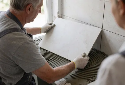 A tiler wearing gloves places a large white tile onto gray mortar on a wall while natural light enters from a window and another person watches from the side.