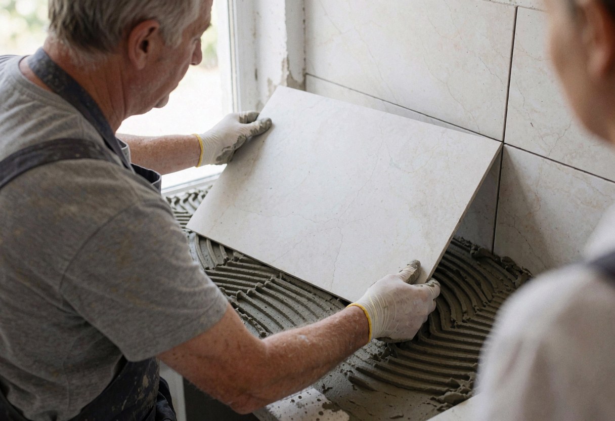 A tiler wearing gloves places a large white tile onto gray mortar on a wall while natural light enters from a window and another person watches from the side.