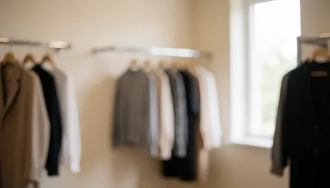 A beige fitting room background with soft clothing on hangers and natural light, suitable for portrait photography text overlays
