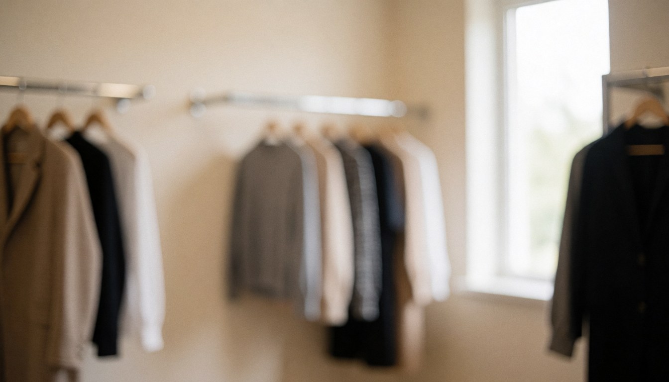 A beige fitting room background with soft clothing on hangers and natural light, suitable for portrait photography text overlays