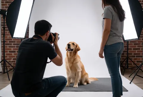 Professional photographer capturing a golden retriever sitting on a gray rug against a white background with studio lights and a woman observing.