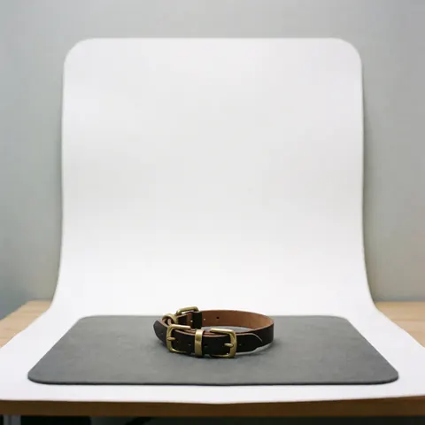 Brown leather collar with bronze hinges on a gray surface against a curved white background with soft professional lighting