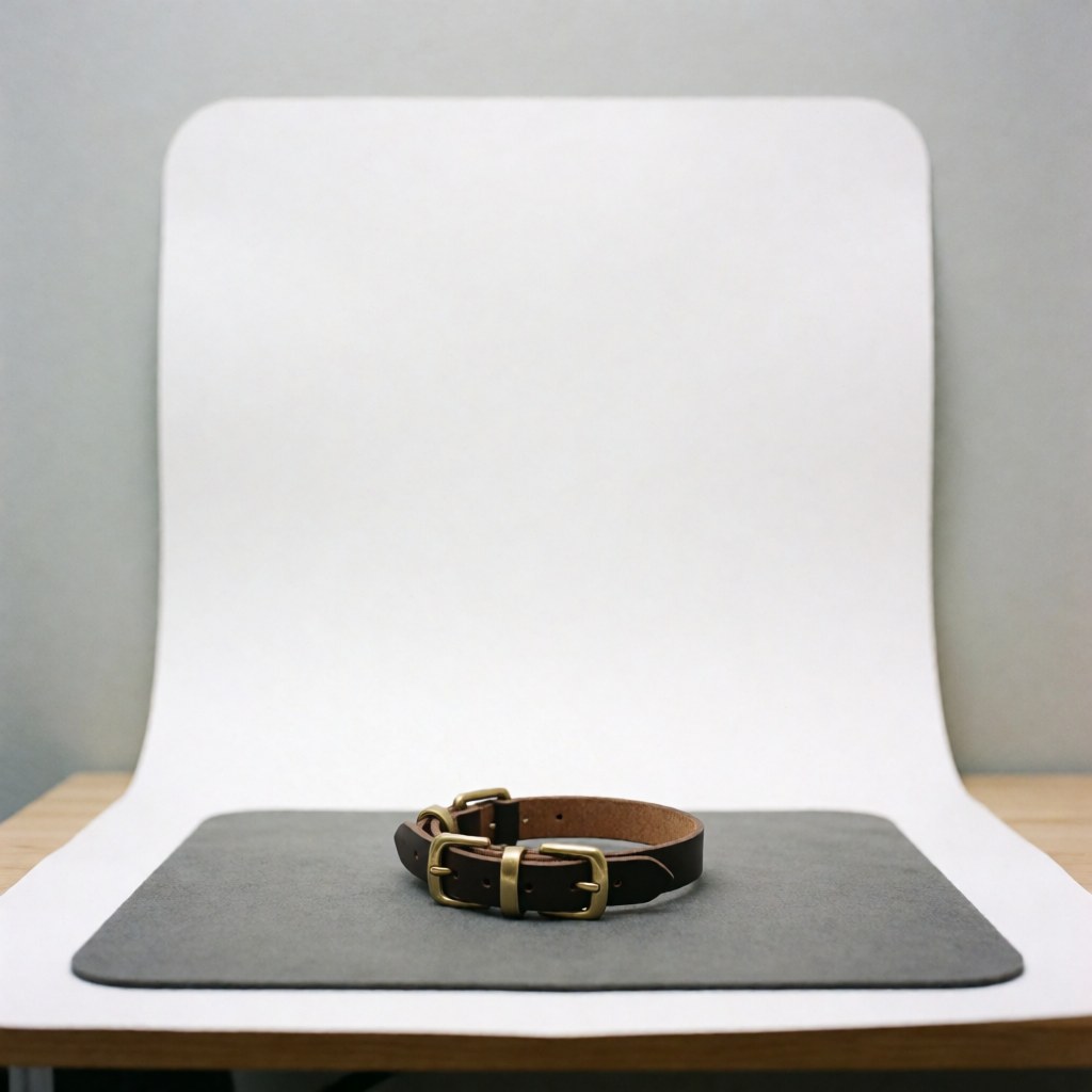 Brown leather collar with bronze hinges on a gray surface against a curved white background with soft professional lighting