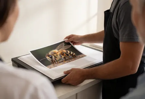 Macro photographer positioning a bee print on a mount with hands and tools visible in a bright studio