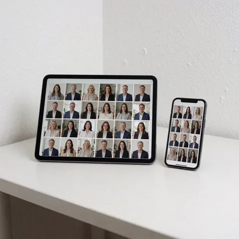 tablet and smartphone showing a professional portrait gallery on a clean white surface, ideal for portrait photographers