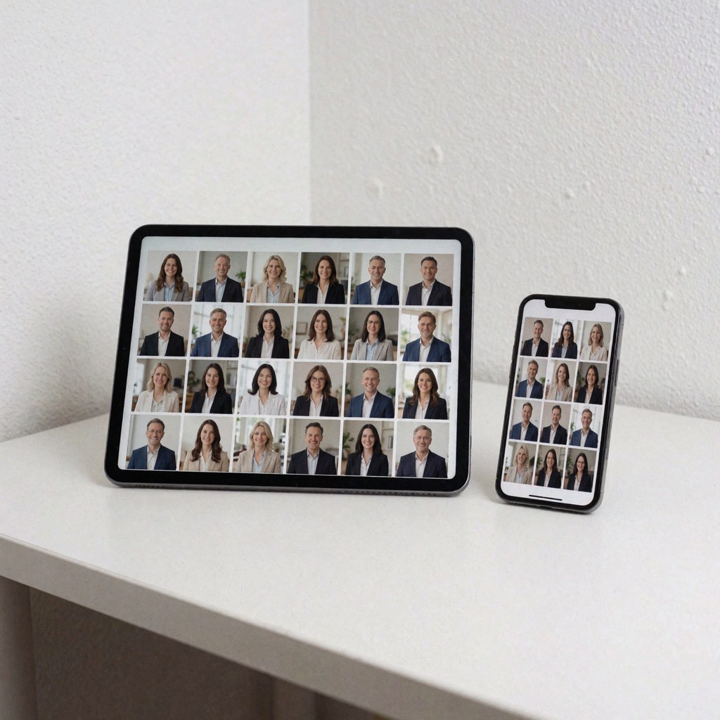 tablet and smartphone showing a professional portrait gallery on a clean white surface, ideal for portrait photographers