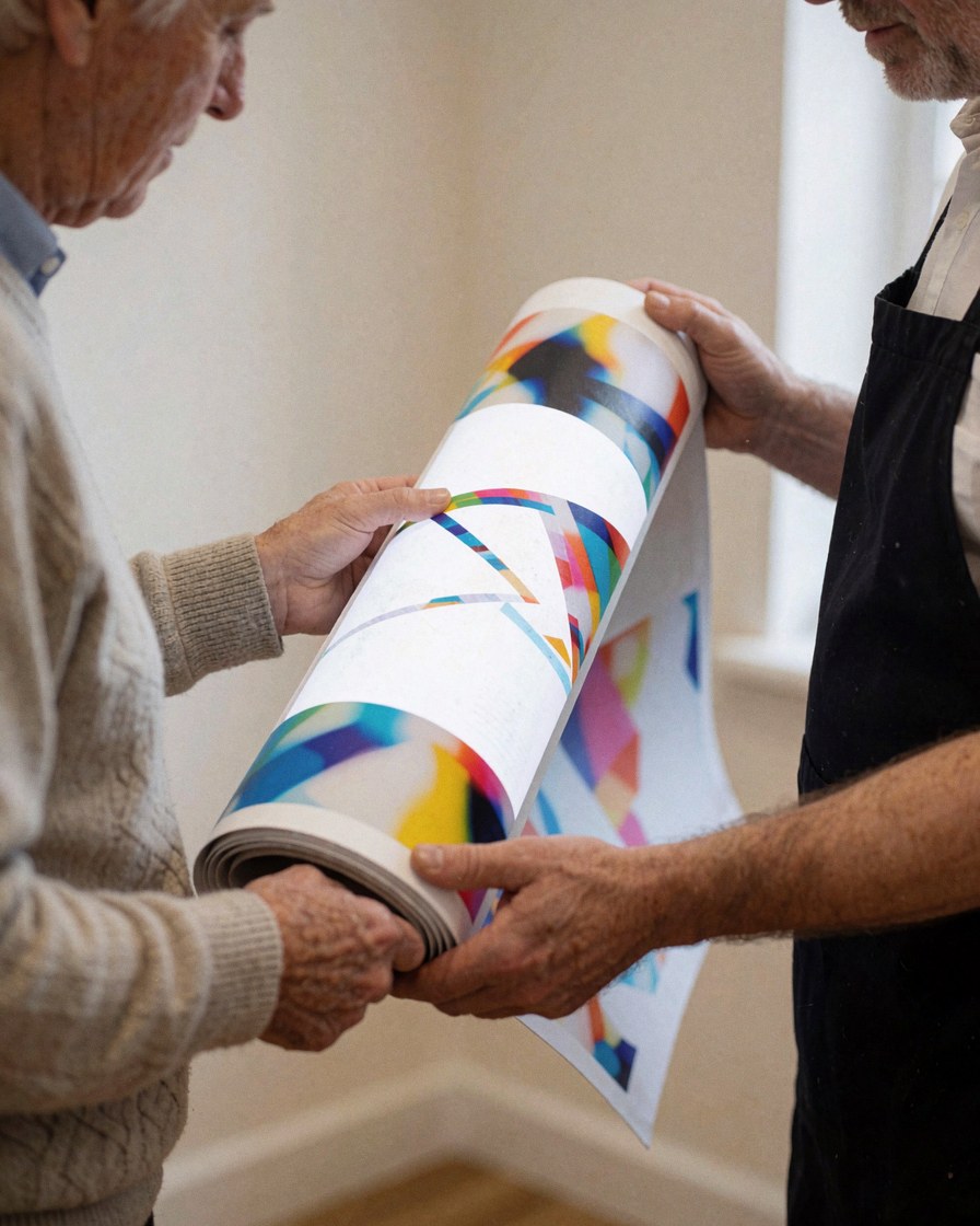 A satisfied client reviews a printed banner featuring vibrant geometric designs held by a staff member in a bright commercial space.