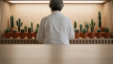 Back view of person selecting cactus in flower shop with wooden walls and terracotta pots