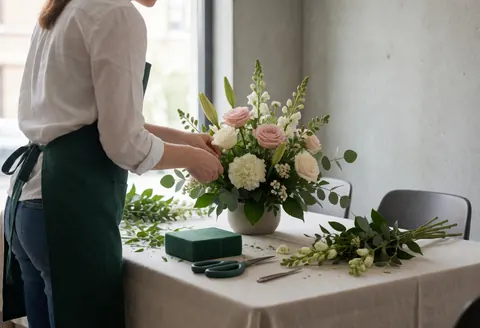 Florist creating a symmetrical floral arrangement using scissors and floral foam on a white table with natural light and a concrete wall.