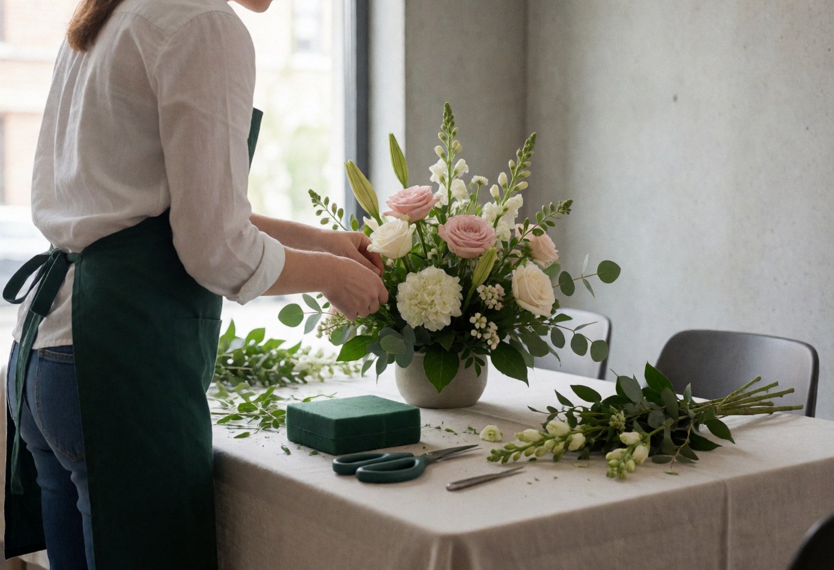 Florist creating a symmetrical floral arrangement using scissors and floral foam on a white table with natural light and a concrete wall.