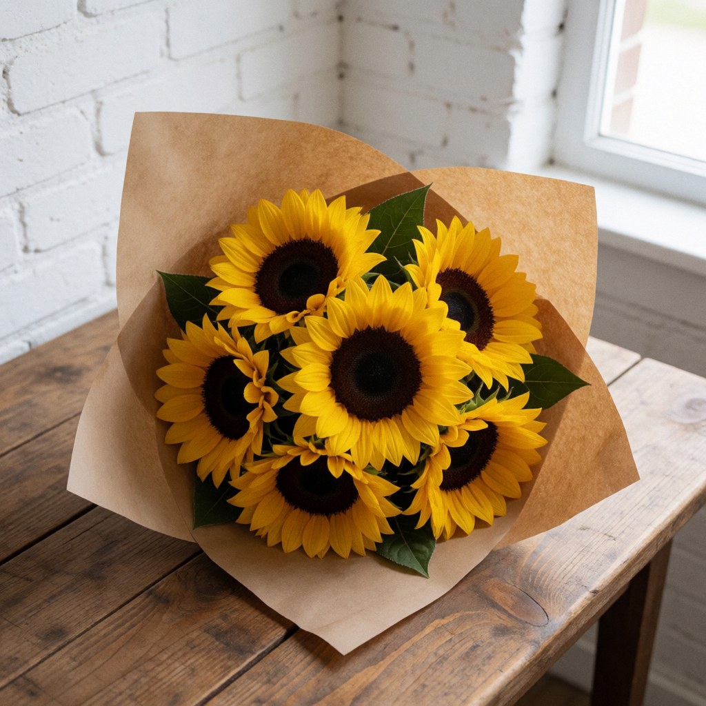 Fresh sunflower bouquet wrapped in brown kraft paper on a rustic wooden table with a white brick wall background