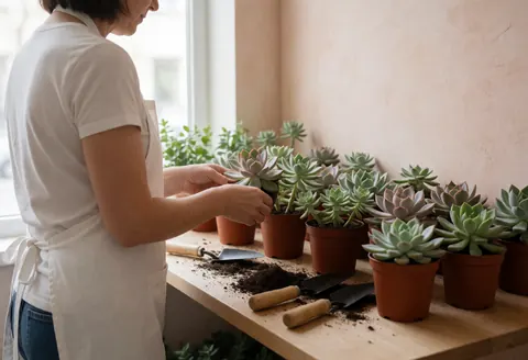 A florist in white clothing arranges potted succulents on a wooden table with tools and natural light