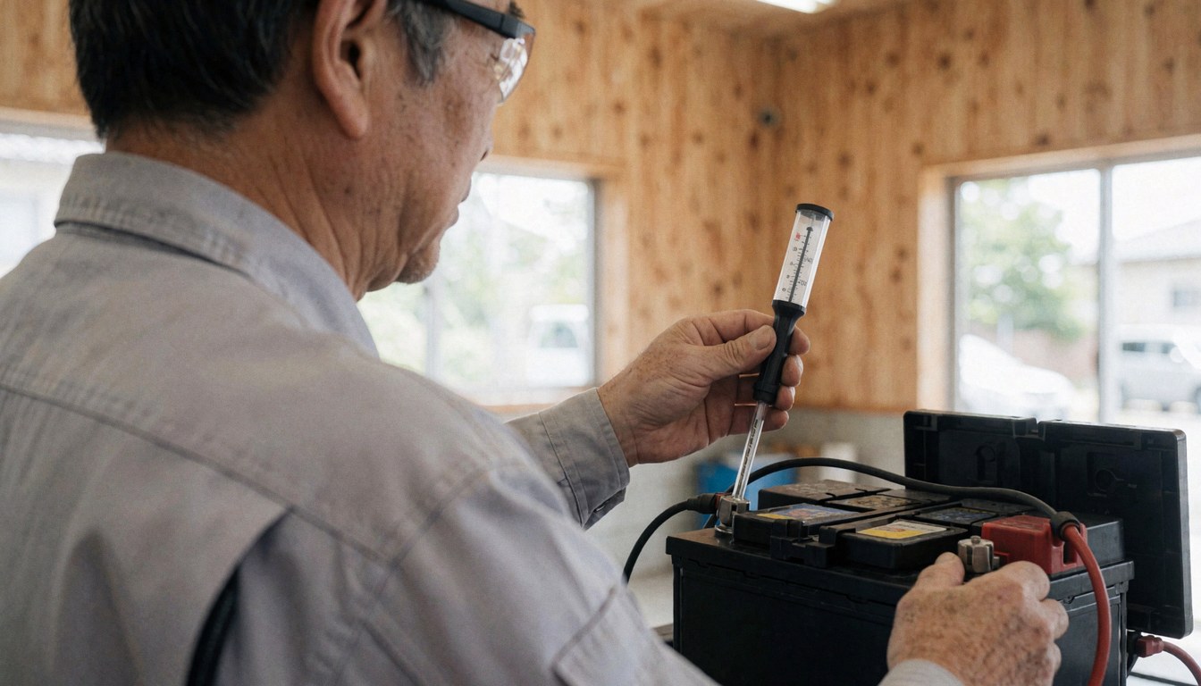 Technician using a hydrometer to check the acid level in a car battery inside a workshop with wooden walls.