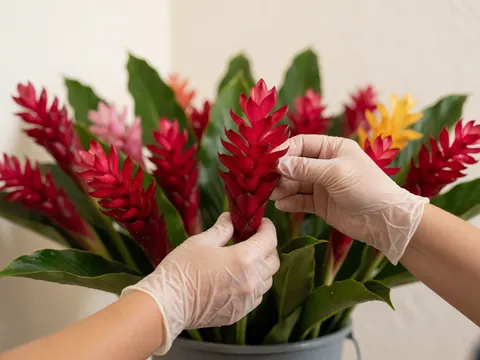 Close-up of gloved hands picking a red ginger flower from a bucket filled with tropical flowers and green leaves under natural light