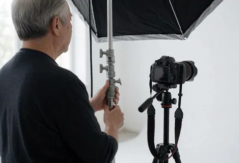 Photographer adjusting a black softbox in a white studio with a DSLR camera on a tripod for professional portrait lighting.