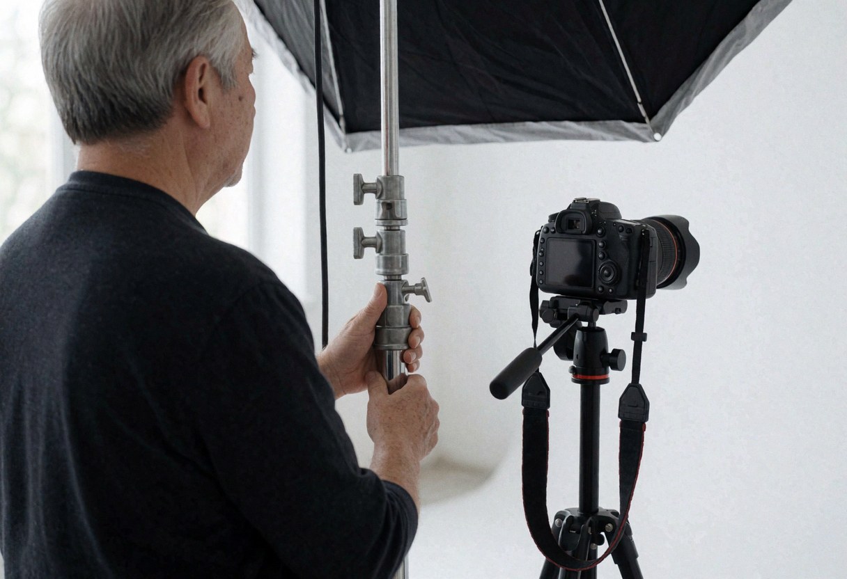 Photographer adjusting a black softbox in a white studio with a DSLR camera on a tripod for professional portrait lighting.