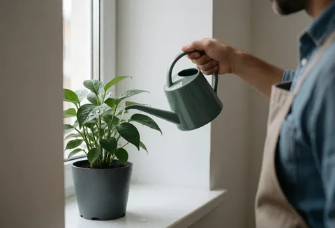 A hand holding a green watering can pours water onto a small potted plant placed on a bright windowsill with natural light.