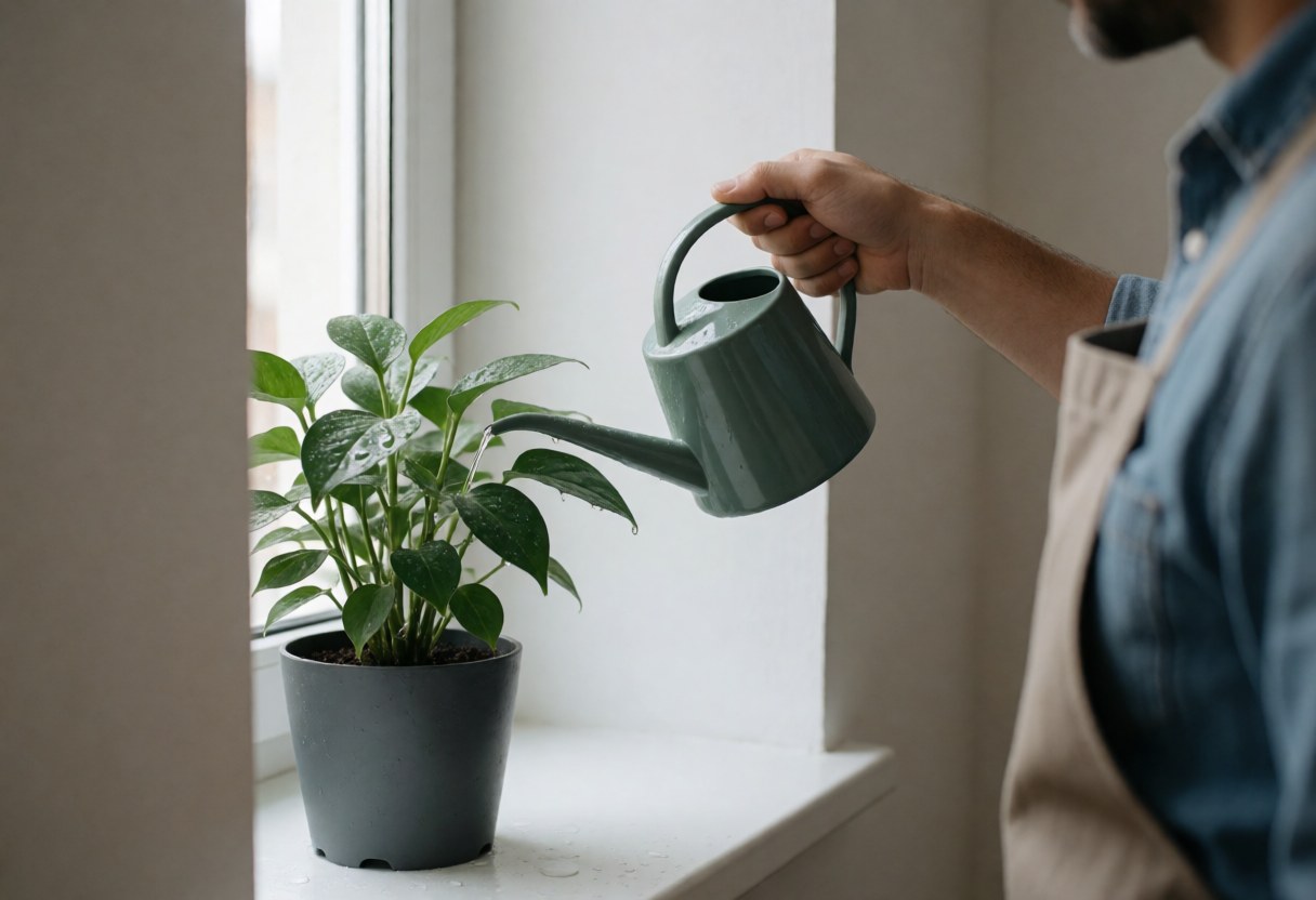 A hand holding a green watering can pours water onto a small potted plant placed on a bright windowsill with natural light.