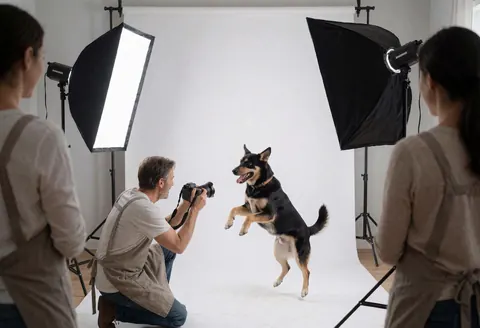 Professional photographer using softboxes to shoot a dog jumping against a white background while two people observe the session.
