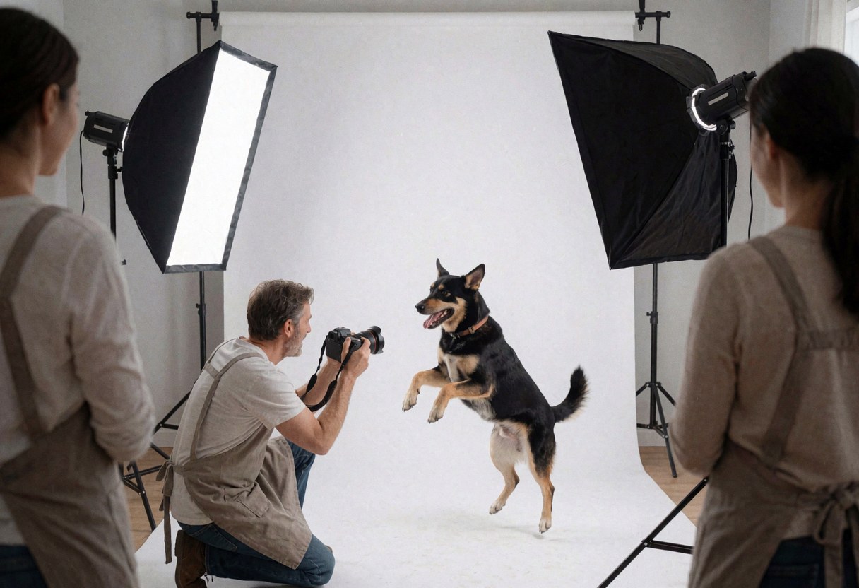 Professional photographer using softboxes to shoot a dog jumping against a white background while two people observe the session.